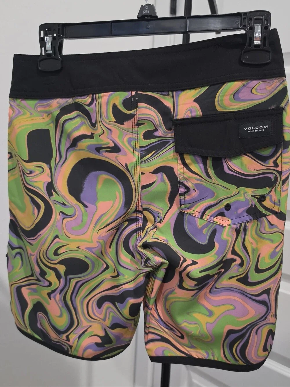 Volcom Mod-Tech Swim Board Shorts Black Purple Green Pink Boy's 12 (26) NWT